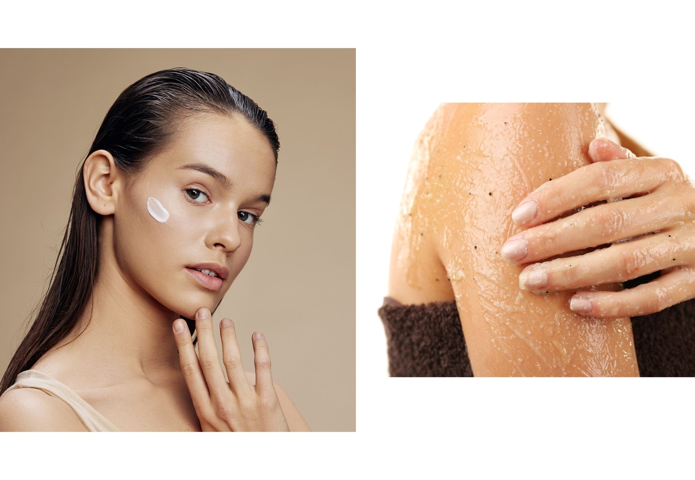 Nahaufnahme einer jungen Frau mit glatter Haut und aufgetragener Gesichtscreme auf der Wange. Daneben Detailaufnahme eines eingecremten Arms mit sanftem Peeling, umgeben von einem weichen, neutralen Hintergrund.