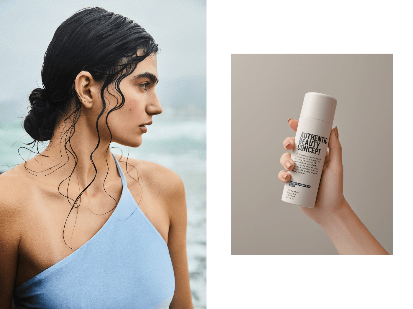 Model mit Wet-Hair-Look, kreiert mit Cosmic Blow-Dry Jelly von Authentic Beauty Concept